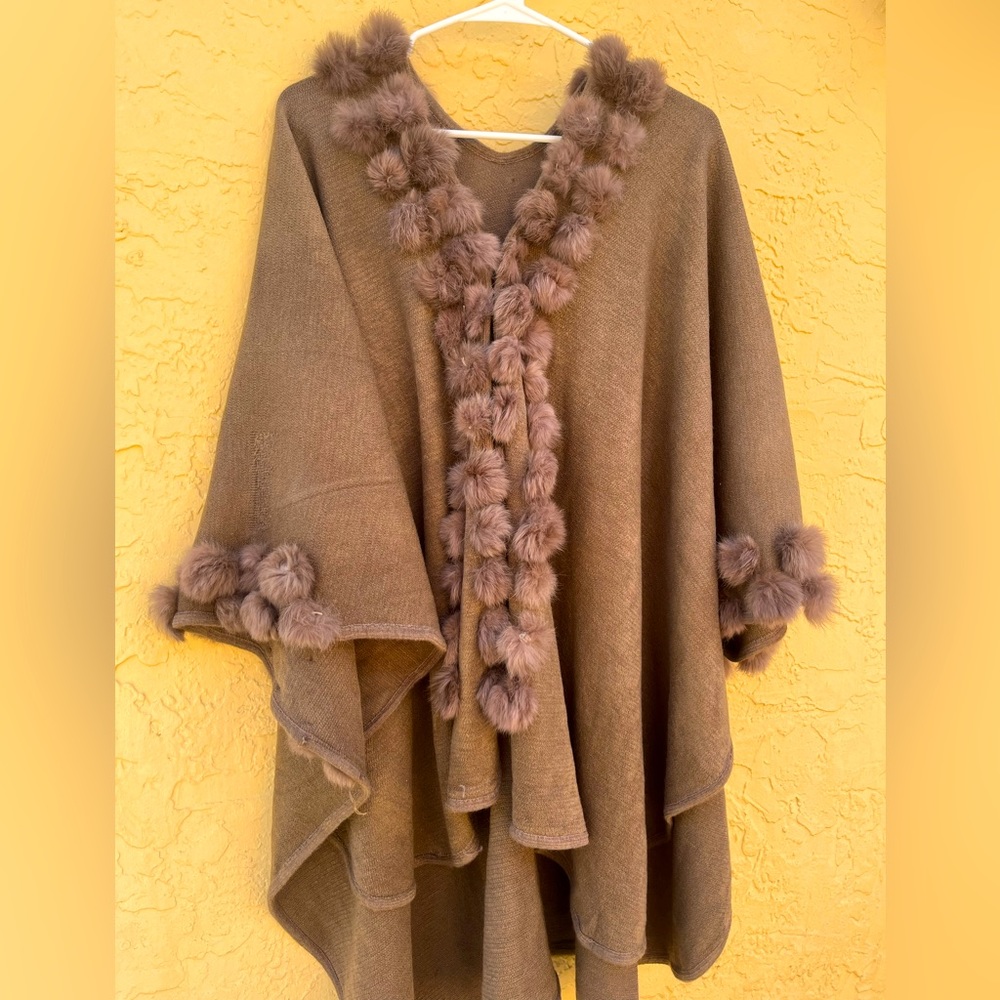 Super chic brown rabbit fur winter poncho tunic